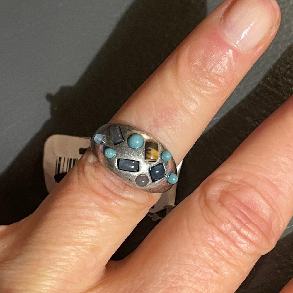 Free People Turquoise Tortoise Silver tone Stone Dome Ring, Size 7, NWT!